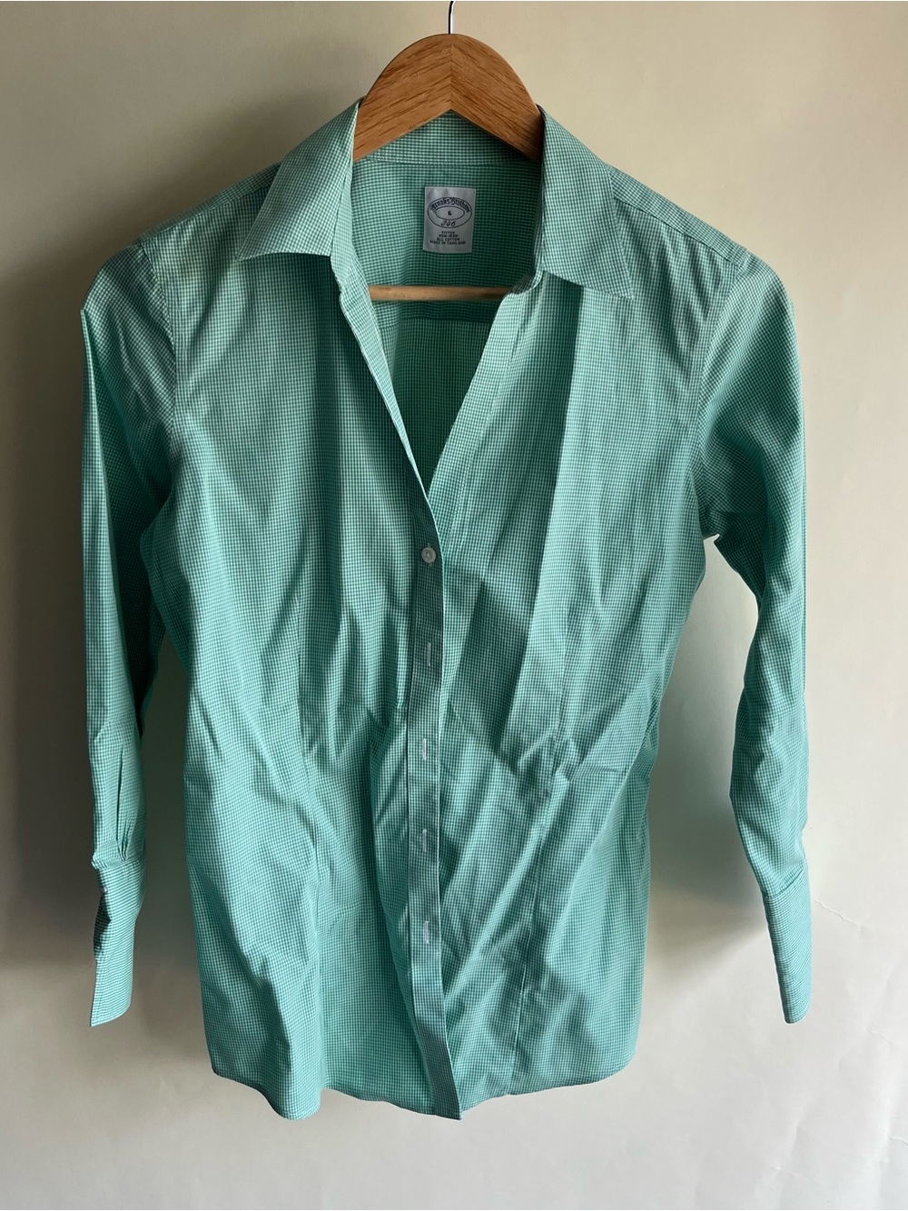 Brooks Brothers Green White Gingham Checks Button Up Shirt Sz 6 Women’s Collared